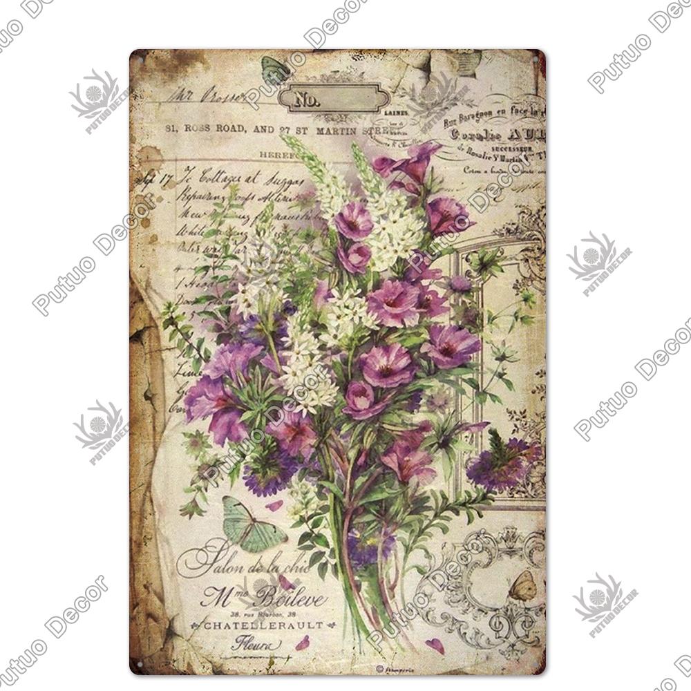 Putuo Decor Цветок Винтажный Постер Табличка Металлическая Жестяная Вывеска Настенная Декоративная для Амбара Комнаты Кухни Гаража Железная Живопись
