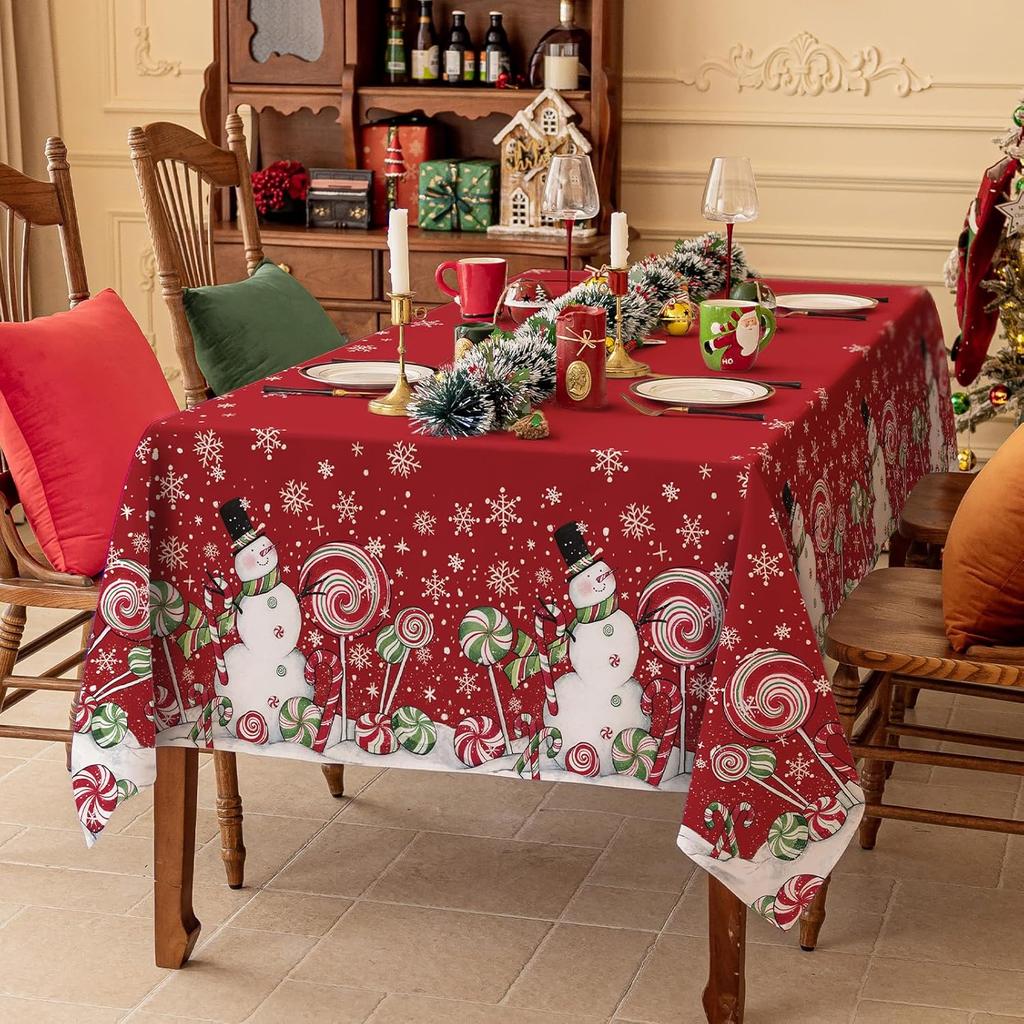 Christmas Snowman Candy Snowflake Tablecloth Table Decor Reusable Winter Xmas Kitchen Dining Tablecloth Christmas Decorations