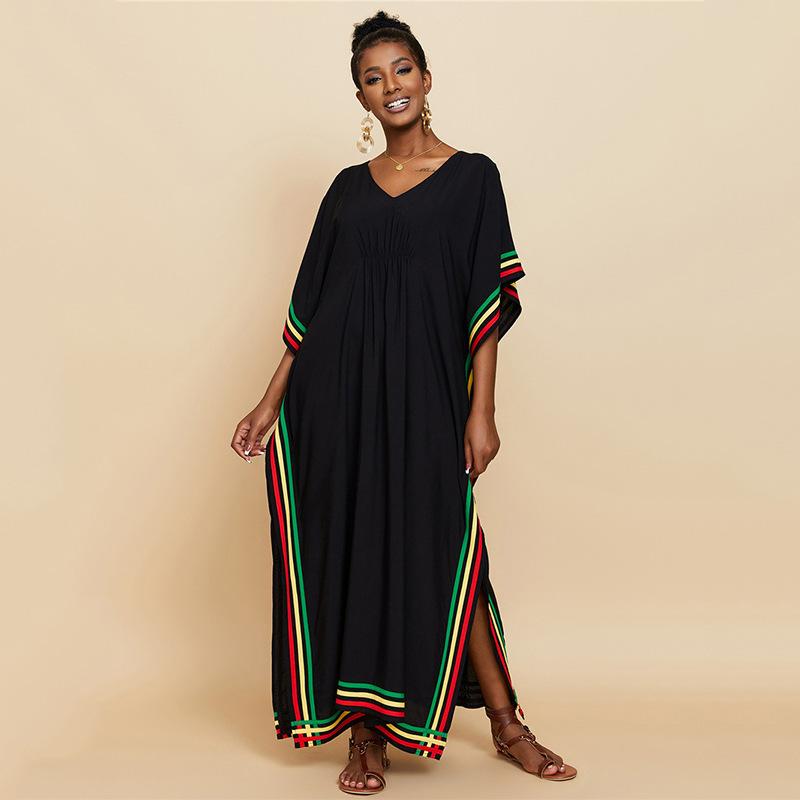 Black Beach Kaftans Color Block Women Maxi Dresses Summer Holiday Bathing Suits Factory Supply