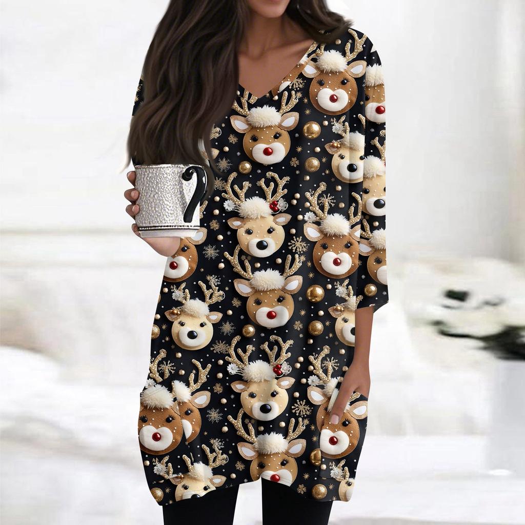 Женские топы с V-образным вырезом и рукавом 3/4, повседневные блузки средней длины, модные туники с рождественским принтом и карманами