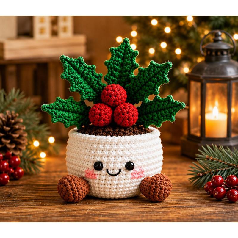 Handmade Crochet Christmas Decorative Plant Pot With Smiling Face - Festive Indoor Desk Ornament Holiday Home Office