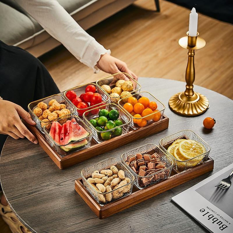 HANDUNYOU 6-Compartment Ceramic Divided Snack Tray with Wooden Base and Lid