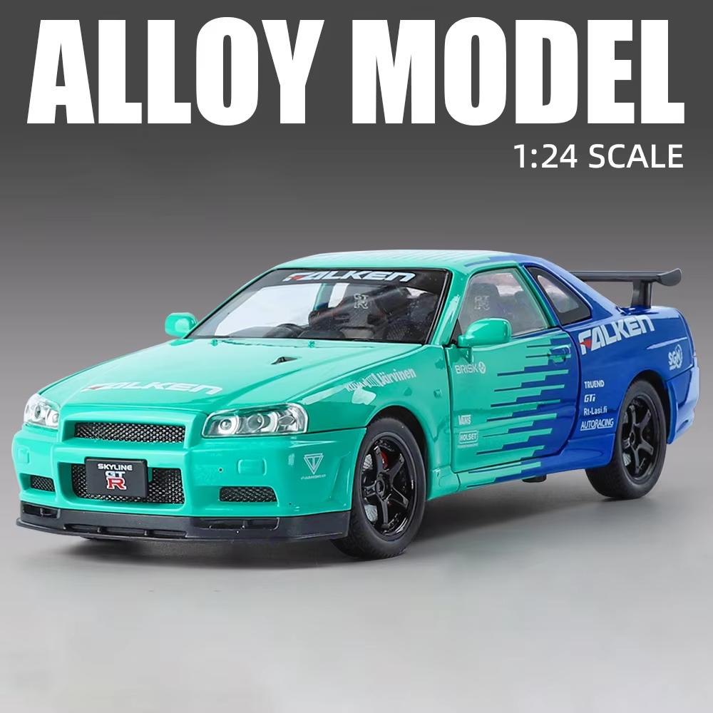1:24 Полномасштабная модель автомобиля GTR R34 с четырьмя колесами, амортизирующим рулевым управлением, четырьмя дверями, литой под давлением, со звуком и светом, инерционная модель, игрушечный подарок для мальчика