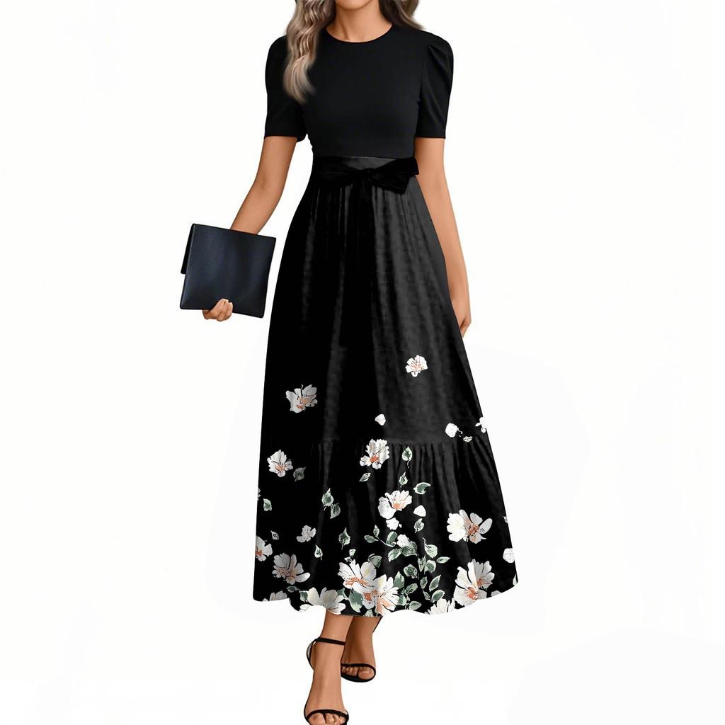 Women's Fashion Casual Belted Short Sleeve Round Neck Printed Elegant Temperament Dresses
