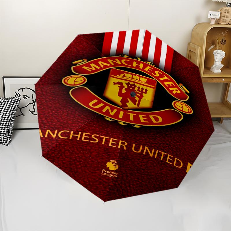 Manchester United FC logo Print Automatic Umbrella, 8 Rib Iron Frame, Plastic Handle, Suitable for Outdoor Travel &Daily , Ideal Gift