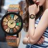 Cross-Border Women's Vintage Striped Watch with Wood Grain Leather Strap and Large Dial