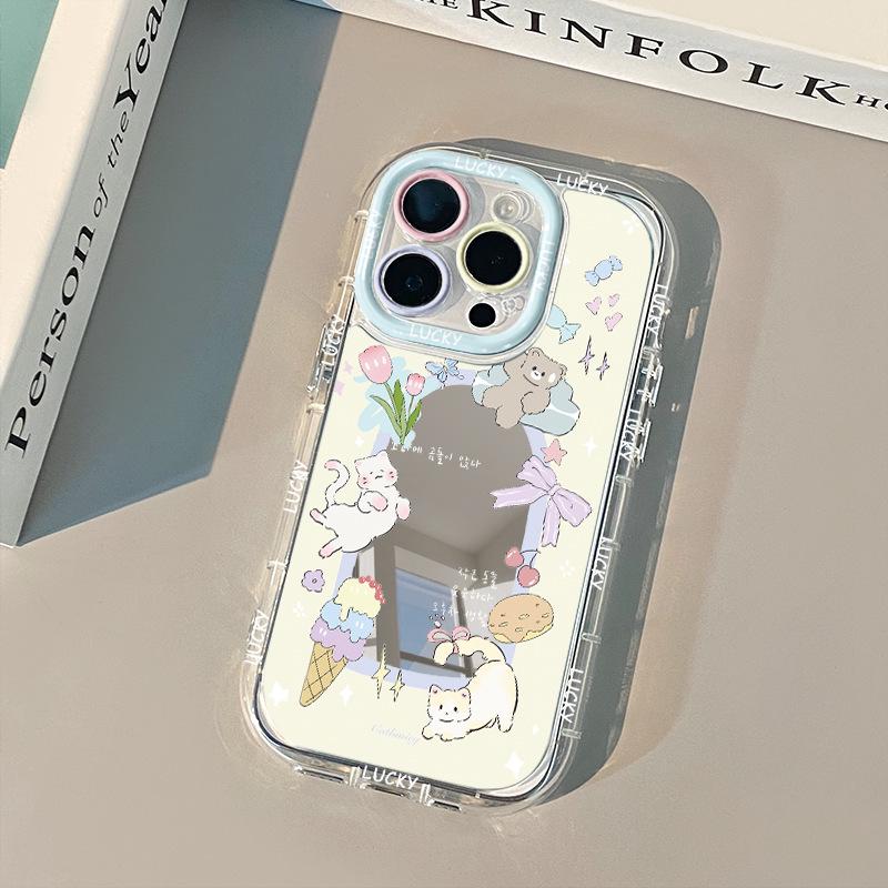 Энергичный Кот Зеркальный Футляр-Крем для iPhone 17 Pro Max, 16, 15, 14