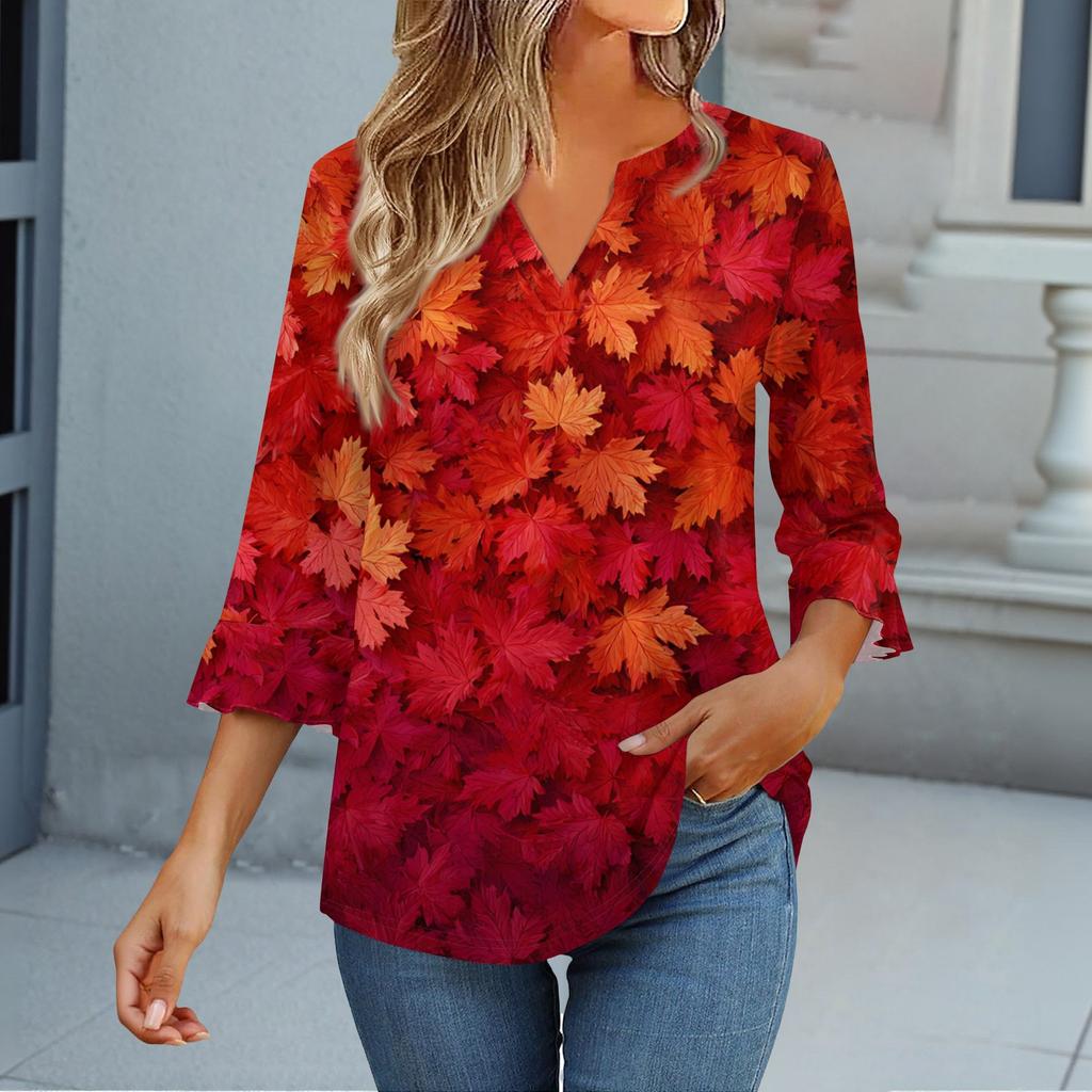 3/4 Sleeve Tops For Women T-Shirt Casual Flared Sleeves Print Tunic V Neck Pullover Blouse