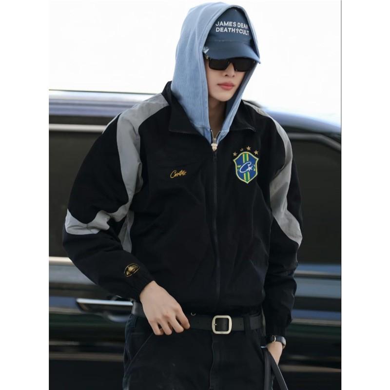 Mens Cotton Casual Zip-Up Hoodie Jacket Pants Set - American Streetwear Style Contrast Patch Embroidery Fall Outfit
