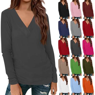 Женский повседневный однотонный принтованный длинный рукав свободный пуловер с V-образным вырезом