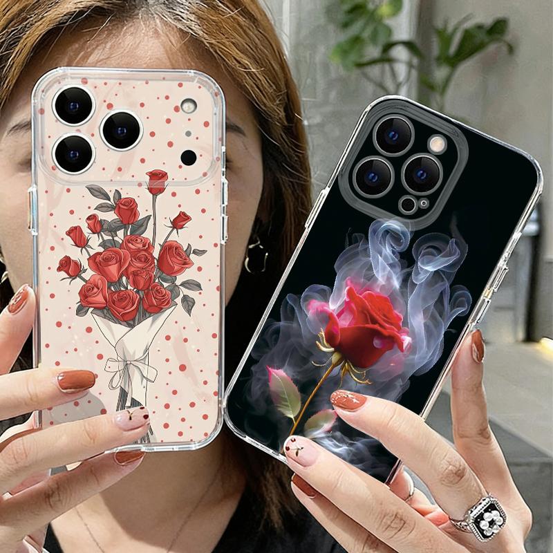 Чехол с узором алой красной розы для iPhone 17 Pro Max Coque iPhone 16 15 14 13 Pro Max 11 Прозрачный силиконовый мягкий чехол из ТПУ