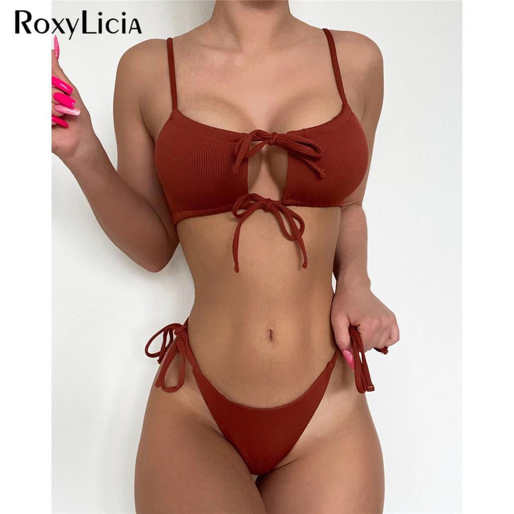 Сексуальное бразильское бикини в рубчик на шнуровке, женский купальник, женский купальник из двух частей, комплект бикини, купальный костюм для плавания
