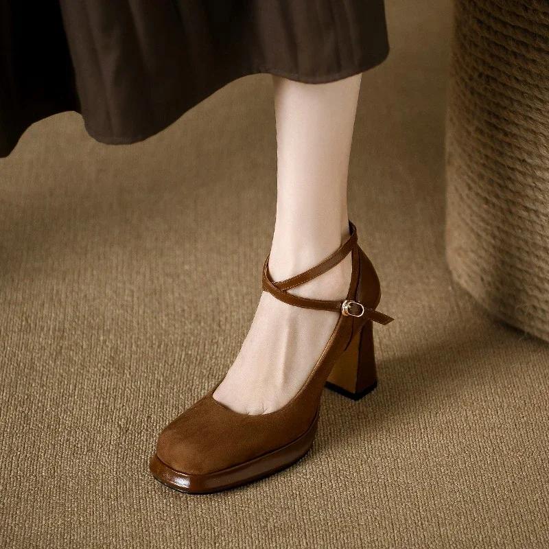 Высокие туфли Мэри Джейн для мужчин, искусственная замша, сексуальные туфли-лодочки, женские винтажные дизайнерские сандалии, офисные с пряжкой, нескользящие, повседневные, средний каблук