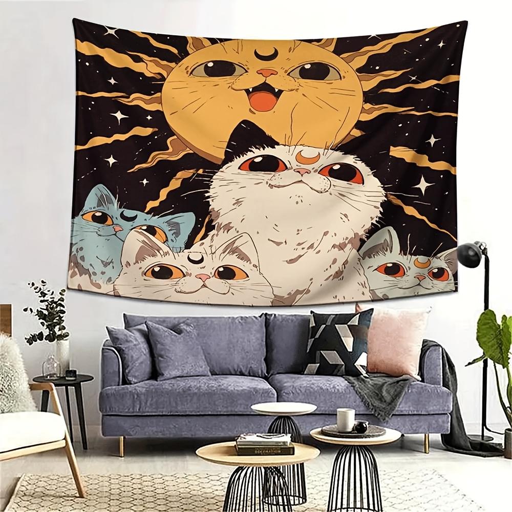 Cat Sun Tapestry Cute Kitty Moon Wall Hanging Aesthetic Cat Art Vintage Space Decor for Bedroom Living Room