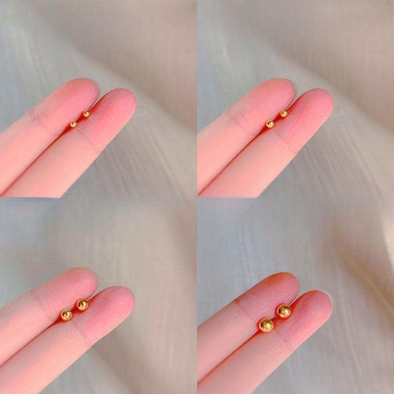 S925 Sterling Silver Stud Earrings for Women Golden Bean Round Beads Glazed Surface Matte Otica Simple Personalized All-Match Ear-Caring Summer