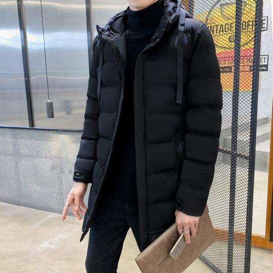 Men Cotton Coat Hooded Long Sleeve Full Zipper Closure Solid Color Jacket with Pockets Mid-length Thickened Quilted Outwear