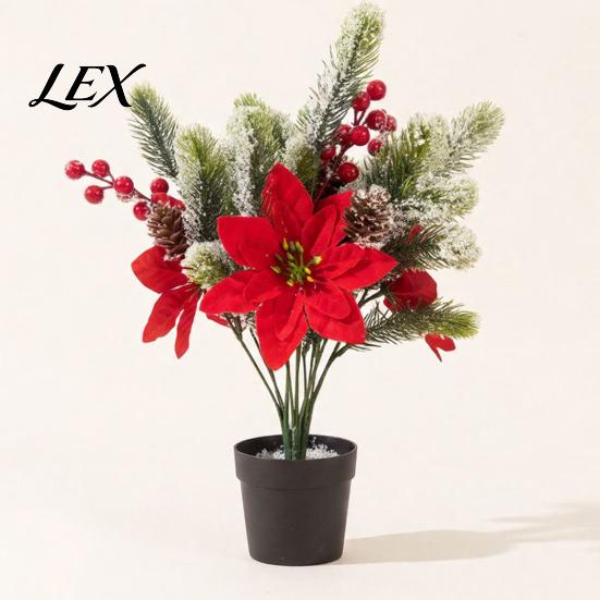 Decorative Faux Botanicals for Home Artificial Cedar Poinsettia Flowers, Realistic Floral Arrangement, Fake Flower And Pine Branch Indoor No
