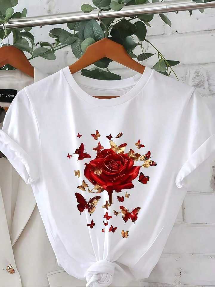 Unisex 100% Cotton White Crew Neck Graphic Tee, Rose Butterfly Print Lightweight Knit Fabric Casual Daily Tops Multi‑Colors