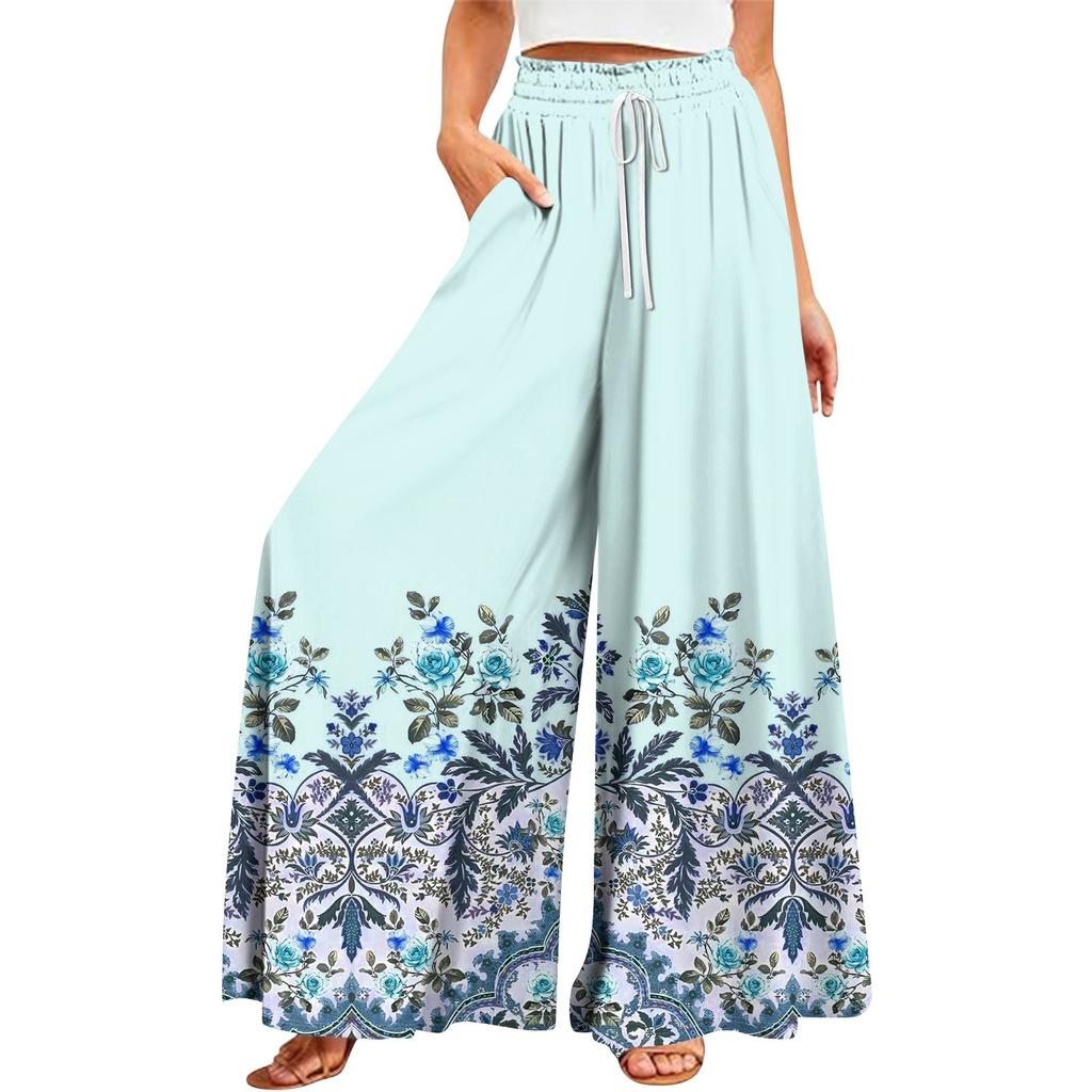 Women's Summer Wide Leg Pants High Waisted Flowing Pockets Fashion Casual Casual Bohemian Printed Beach Pants