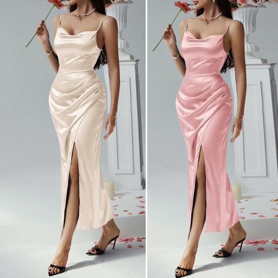 Women's Satin Bodycon Dress Spaghetti Strap Side Slip Long Dress Cowl Neck Sexy Club Midi Dresses for Evening Birthday Party Weddings