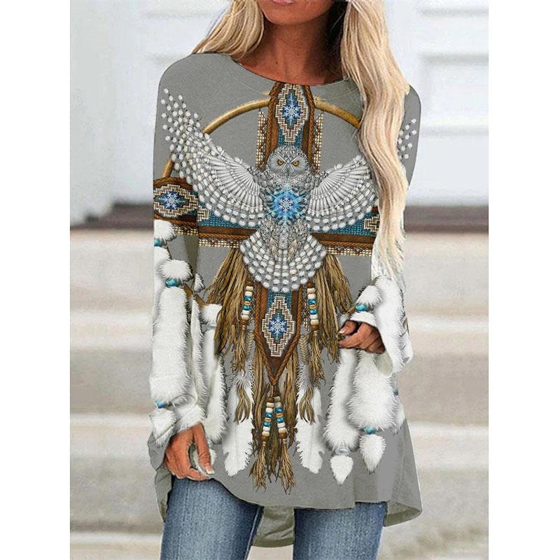 Футболки с длинным рукавом с принтом Western Aztec Ethnic 3D, богемные женские винтажные модные футболки, свободные уличные женские футболки, топы