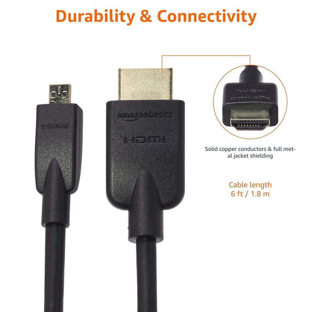 Кабель AmazonBasics Micro HDMI-HDMI, совместимый с Ethernet, 3D 4K HDR ARC, черный (4K@60Гц, 18Гбит/с) 1.8м
