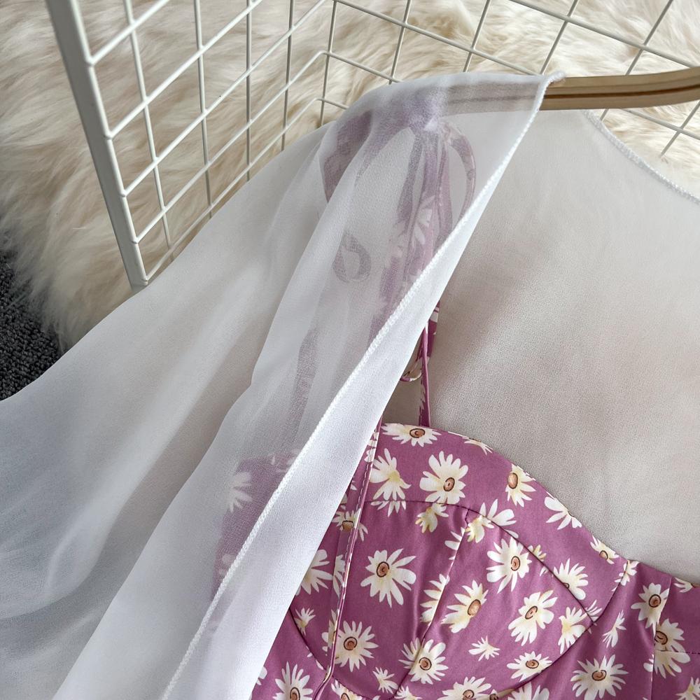 Women Summer Floral Print Two Piece Slim Vacation Elegant Ladies A Line Short Dress