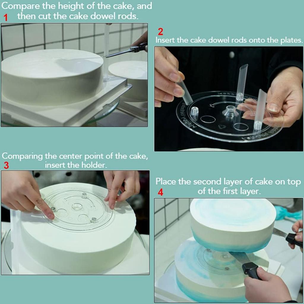 20 Plastic White Cake Sticks Dowel Rods, 4 Cake Dividers for 4, 6, 8, 10 Inch Cakes, 12 Clear Stacking Dowels, Different Patterns Cake Scrapers for