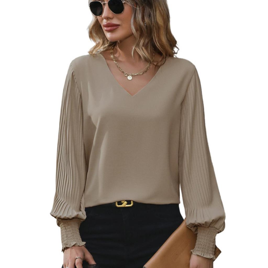 2025 Women's Solid Color Shirt with Pleated Lantern Sleeves Casual Office Tops for Spring Autumn Hot Sale