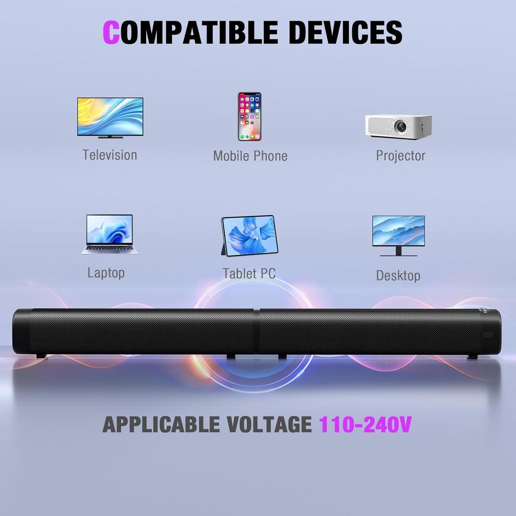 100W Sound Bar for Smart TV with 3 RGB Lights Modes, Bluetooth 5.3 ARC/Opt/AUX Connect Detachable 2-in-1 Speaker3 Equalizer Modes