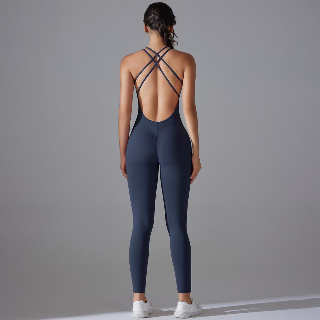 Nessaj One Piece Yoga Jumpsuits Women Solid Color Fitness Bodysuit Back Cross Playsuit Backless Yoga Rompers