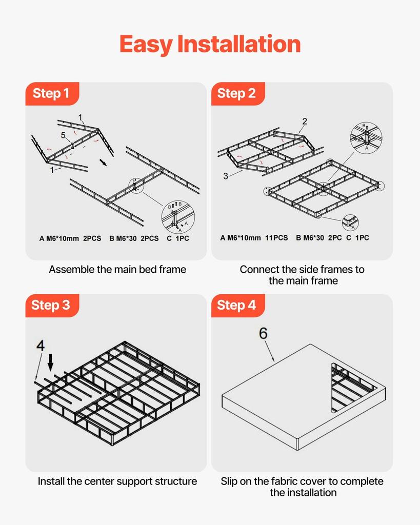 Box Spring, Queen Size Bed Frame with Washable Fabric Cloth, Heavy Duty Metal Frame for Queen Bed, 130 mm Mattress Foundation, 1587.57 kg Max Weight