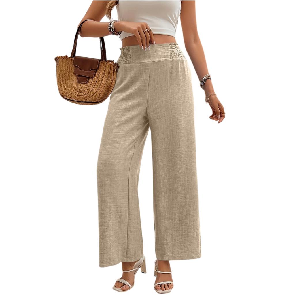 Women's Elastic High Waist Trousers Wide Leg Casual Loose Long Pants With Pocket