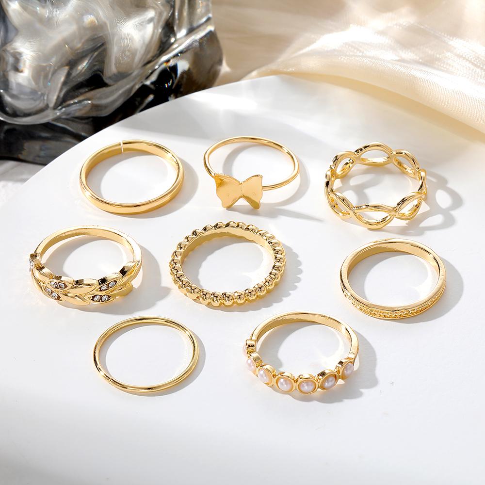 Нежное кольцо с бабочкой, жемчужное кольцо с бриллиантом, гламурное, элегантное, вечернее, роскошное, женское, в европейском стиле, комплект колец, кольцо из 8 предметов