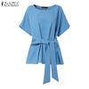 Women Casual Round Neck Loose Solid Color Short Sleeve Blouse