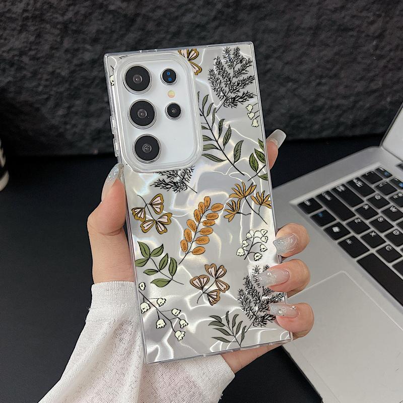 Цветочный узор блестящий тонкий жесткий чехол для задней панели из поликарбоната для Samsung S25 Ultra S24 FE S23 A36 A56 A16 A55 перо сверкающий ударопрочный чехол для телефона из ТПУ с мягким краем