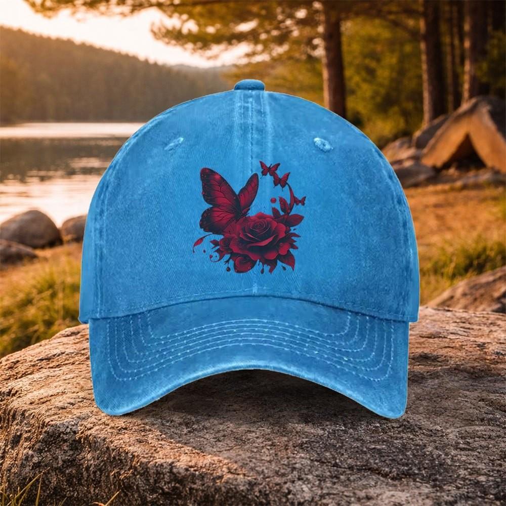 Red Butterfly Rose Baseball Cap Distressed Washed Cotton Outdoor Adjustable Strap Hat