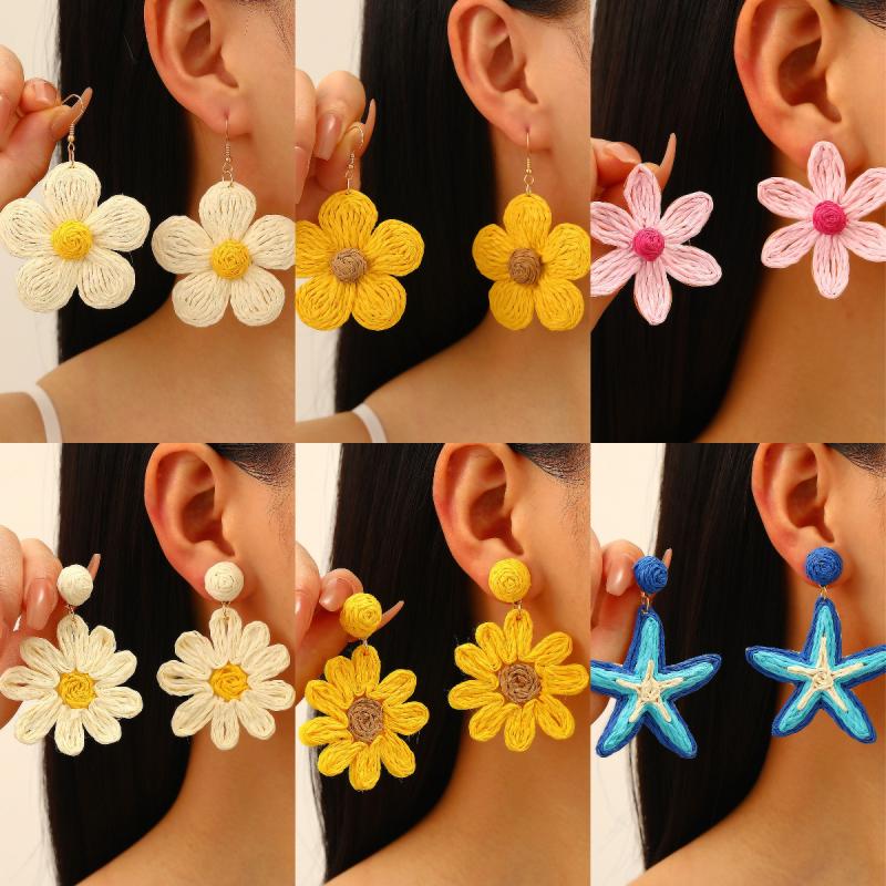 Летние серьги-подвески в виде цветка и морской звезды, женские, ручной работы, из рафии, в стиле дофаминового отпуска, преувеличенные, бохо, пляжные аксессуары