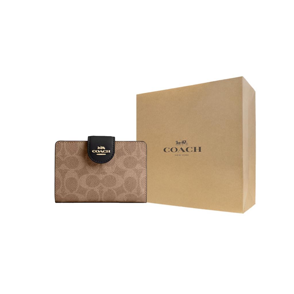 New COACH Leather Wallet Medium Size Women's Tan & Black CW786-IMQRX