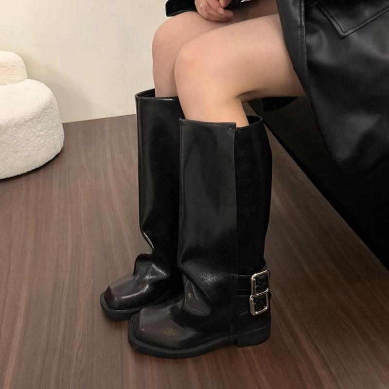 2024 Winter High Quality Women's Shoes Fashionable and Versatile Solid Color Square Toe Medium Heel Buckle Women's High Boots