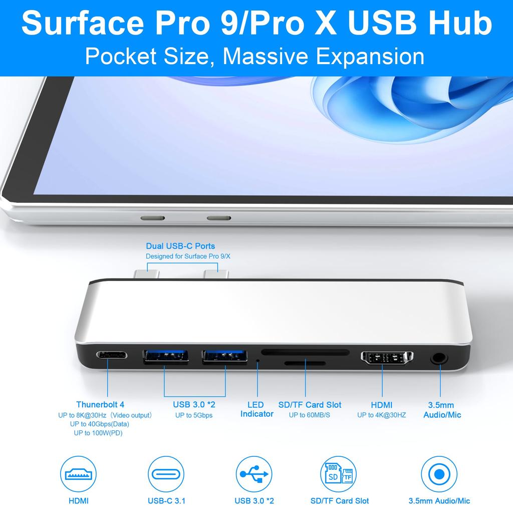 Surface Pro 11 Hub 4K Thunerbolt 4 PD мм Audio SD TF Card Reader Surface Pro9 USB Hub Triple Display Pro для Surface Pro X 9/Pro 10/Pro HDMI, USB-C