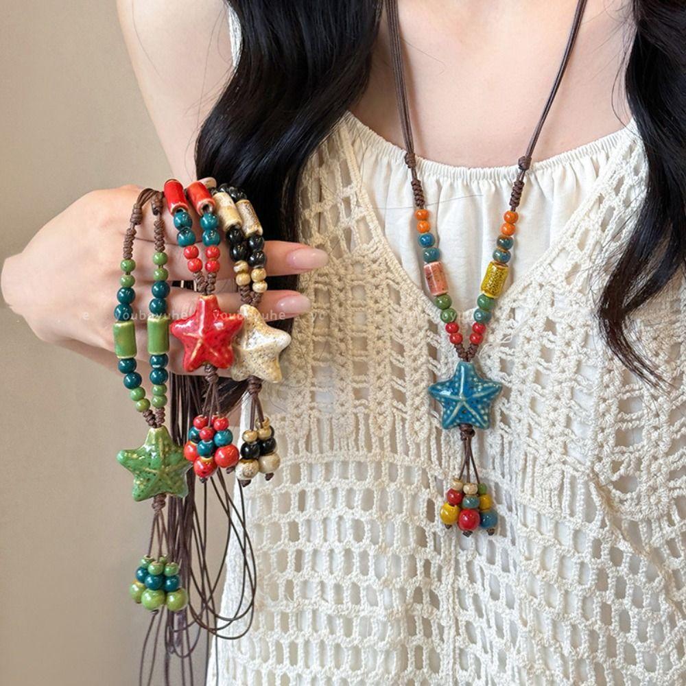 Tassel Long Sweater Chain Ceramic Bohemian Style Necklace Temperament Ethnic Style Necklace  Gift