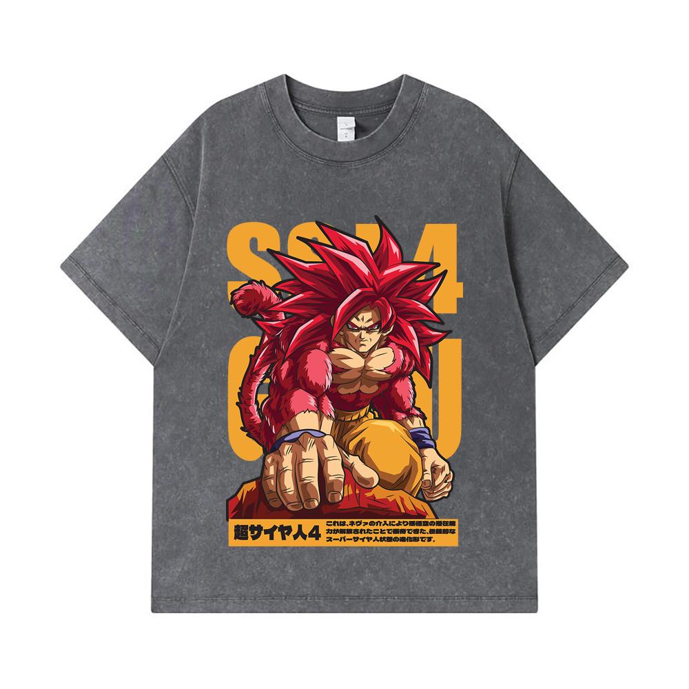 Стиранные футболки 275 г/м² 100% Хлопок Dragon Ball V42 Принт Goku SSJ4 Унисекс Тяжелая хлопковая футболка