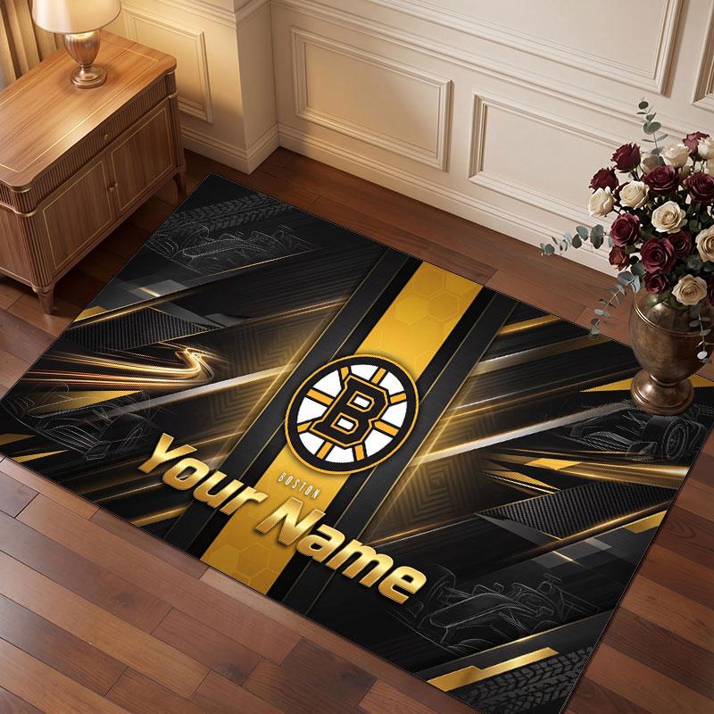 Boston Bruins Personalized Crystal Velvet Carpet, Customized Name Text Soft Anti‑Slip Rug for Living Room Bedroom