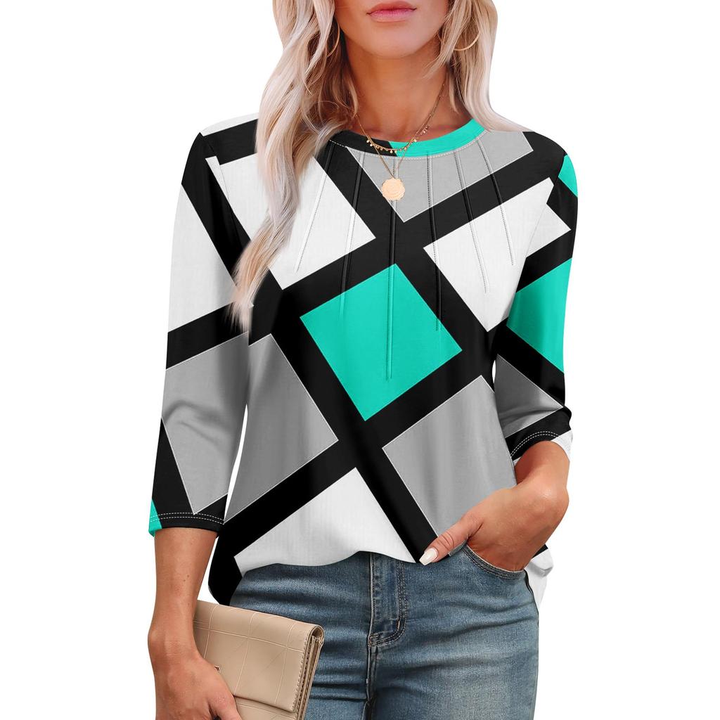 Women's Fashionable Round Neck 3/4 Sleeve Printed Casual Basic Pleated Pullover T-shirt Top