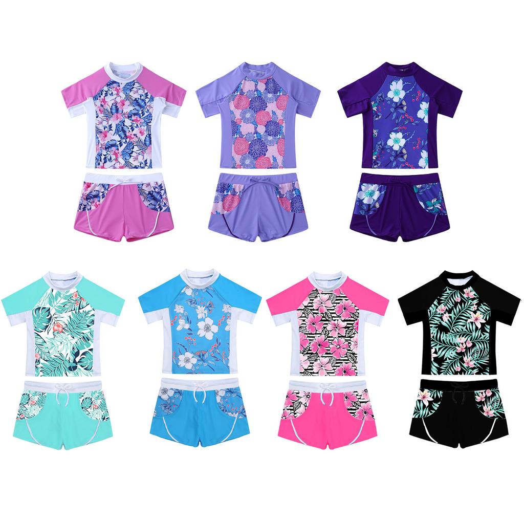 Girls 2 Piece Floral Print Swim Set Round Neck Short Sleeve Top Elastic Waist Boyshorts Beach Bathing Suit Swimsuit