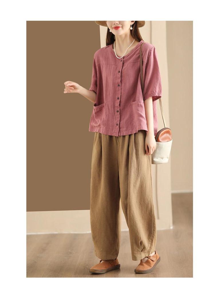 Женская летняя хлопково-льняная рубашка-кардиган с рукавом до середины предплечья 2024 - Повседневный, приталенный, однобортный дизайн