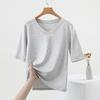 Women's V-Neck Mid-Sleeve Cotton T-Shirt - 2025 Spring/Summer Collection, Fitted Waist, Solid Color