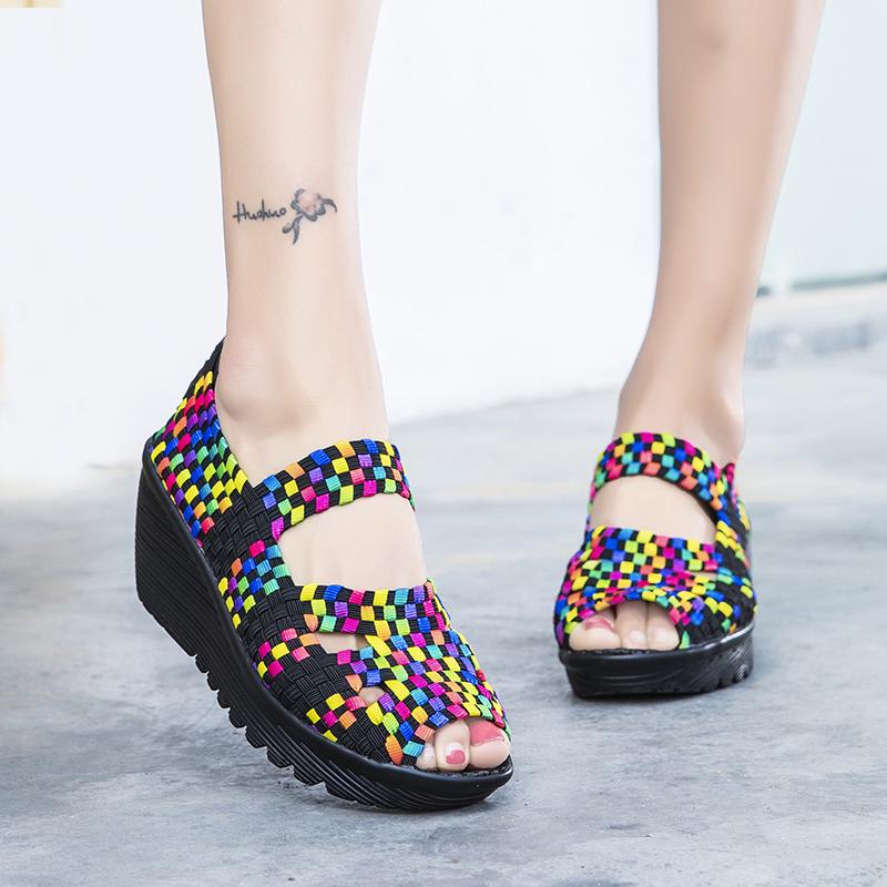 Women's Woven Sandals Summer Sloping Puffy Cake Thick Sole Cloth Fish Mouth Sports Sandals