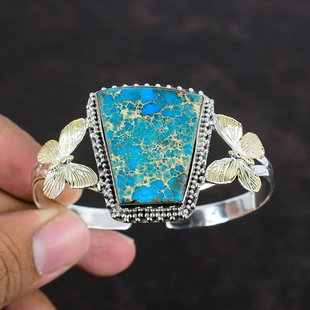 Blue Sea Sediment Jasper Bangle Gemstone Butterfly Bangle 925 Sterling Silver Cuff Bracelet 18K Gold Plated Adjustable Bangle Gifts For Him